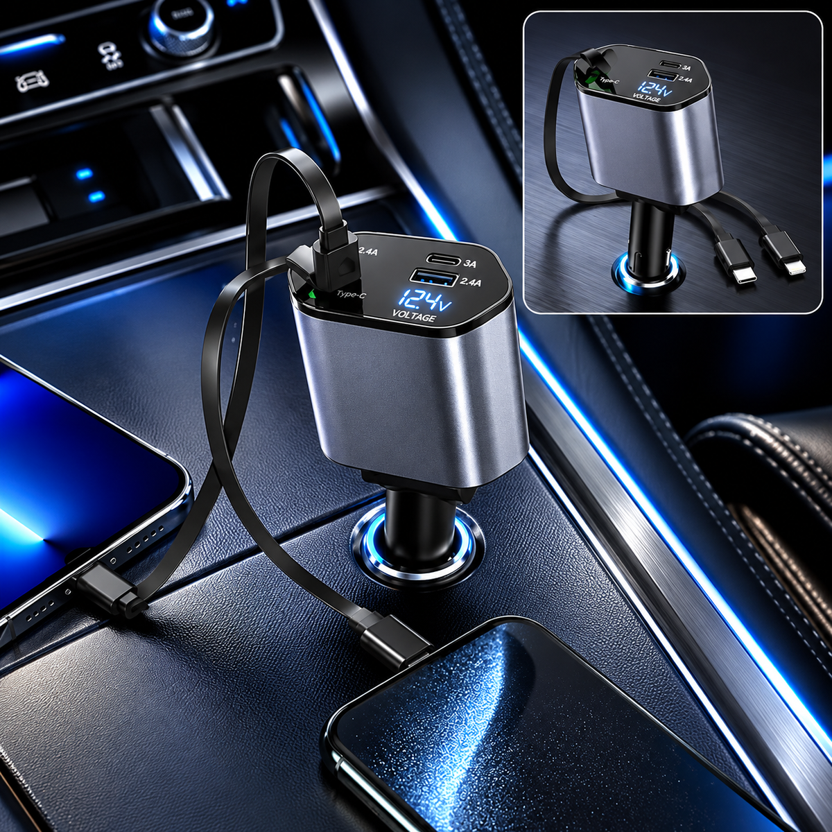 120W Retractable Car Charger with 4-in-1 Charging