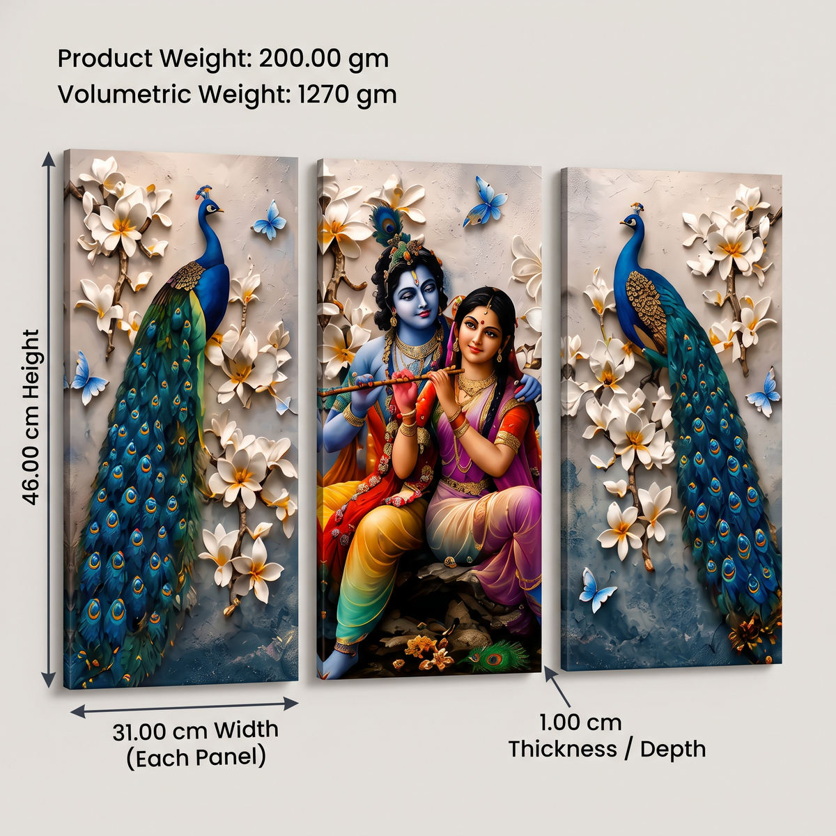 Radha Krishna Peacock 3-Panel Canvas Wall Painting