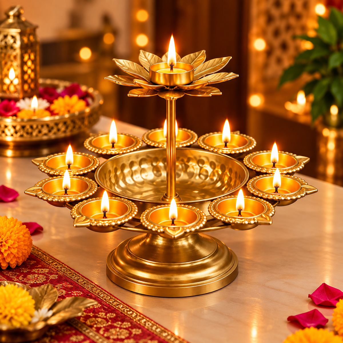 Diwali Urli Bowl Diya Stand with Lotus Candle Holder