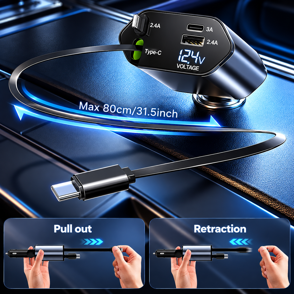 120W Retractable Car Charger with 4-in-1 Charging
