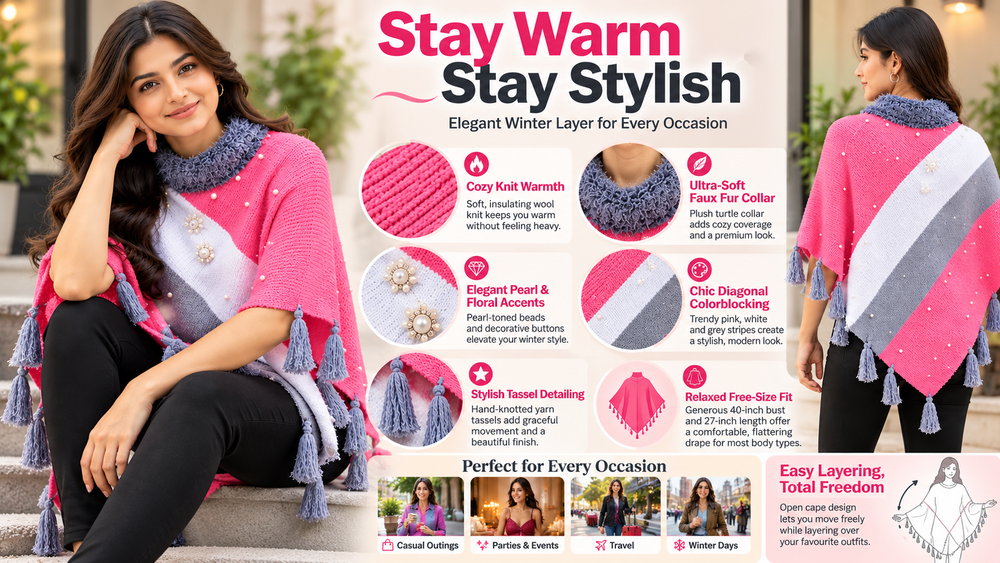 Pink Wool Poncho for Women with Fur Collar & Pearls Features