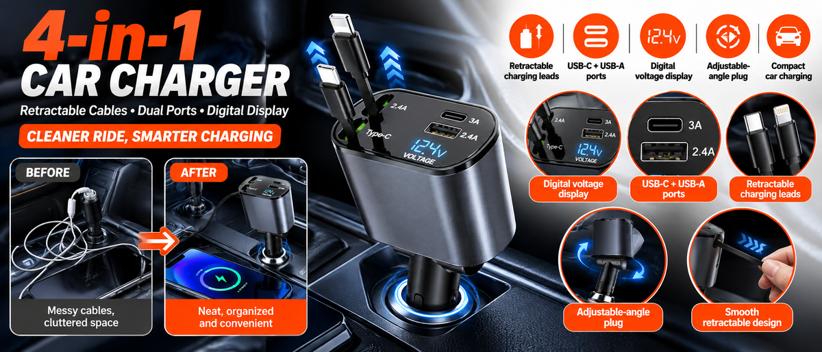 120W Retractable Car Charger with 4-in-1 Charging Overview