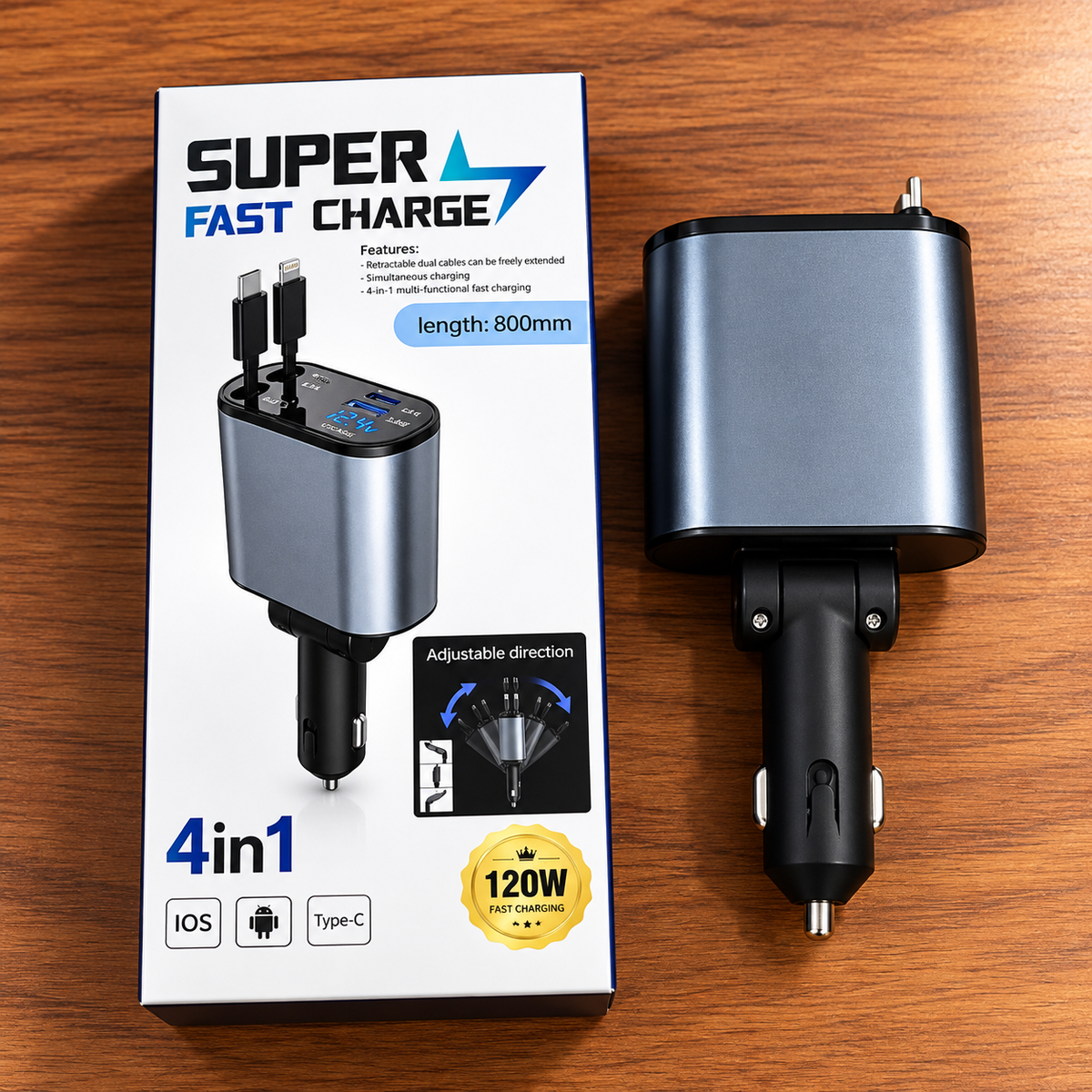 120W Retractable Car Charger with 4-in-1 Charging