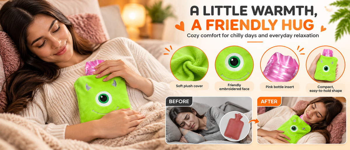 Mini Monster Hot Water Bag with Soft Cover for Pain Relief Overview
