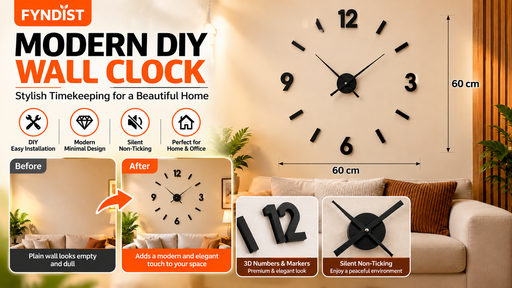 Modern Frameless 3D DIY Black Acrylic 60cm Wall Clock Features