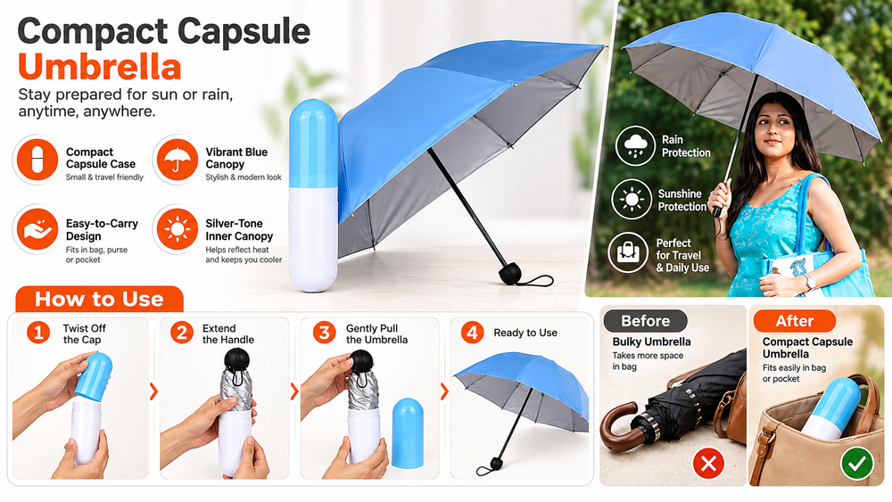 Capsule Shape Mini Folding Umbrella with Storage Case Features