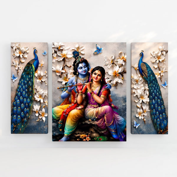 Radha Krishna Peacock 3-Panel Canvas Wall Painting