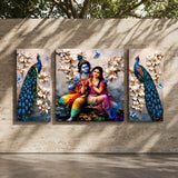 Radha Krishna Peacock 3-Panel Canvas Wall Painting