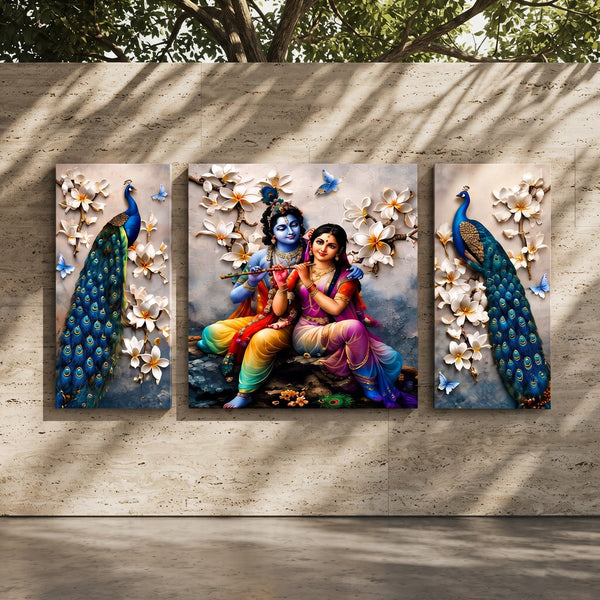 Radha Krishna Peacock 3-Panel Canvas Wall Painting