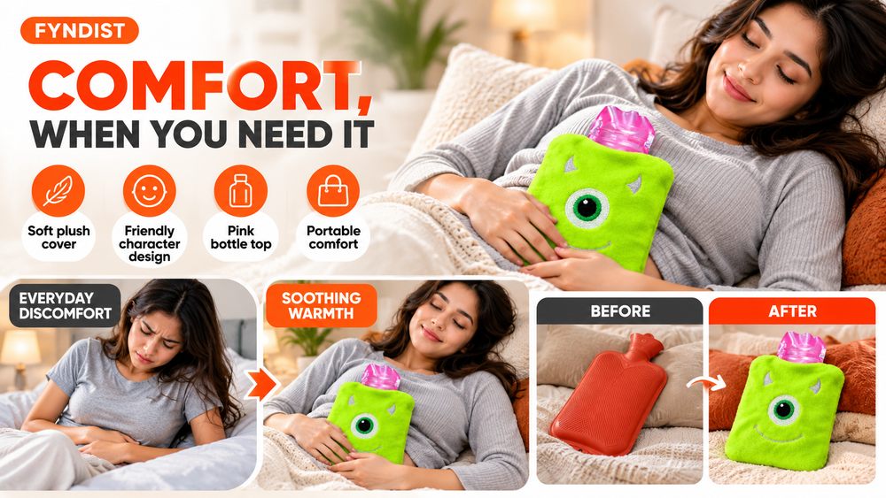 Mini Monster Hot Water Bag with Soft Cover for Pain Relief Features