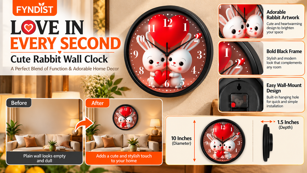 Cute Bunny Heart Analog 10" Wall Clock Features