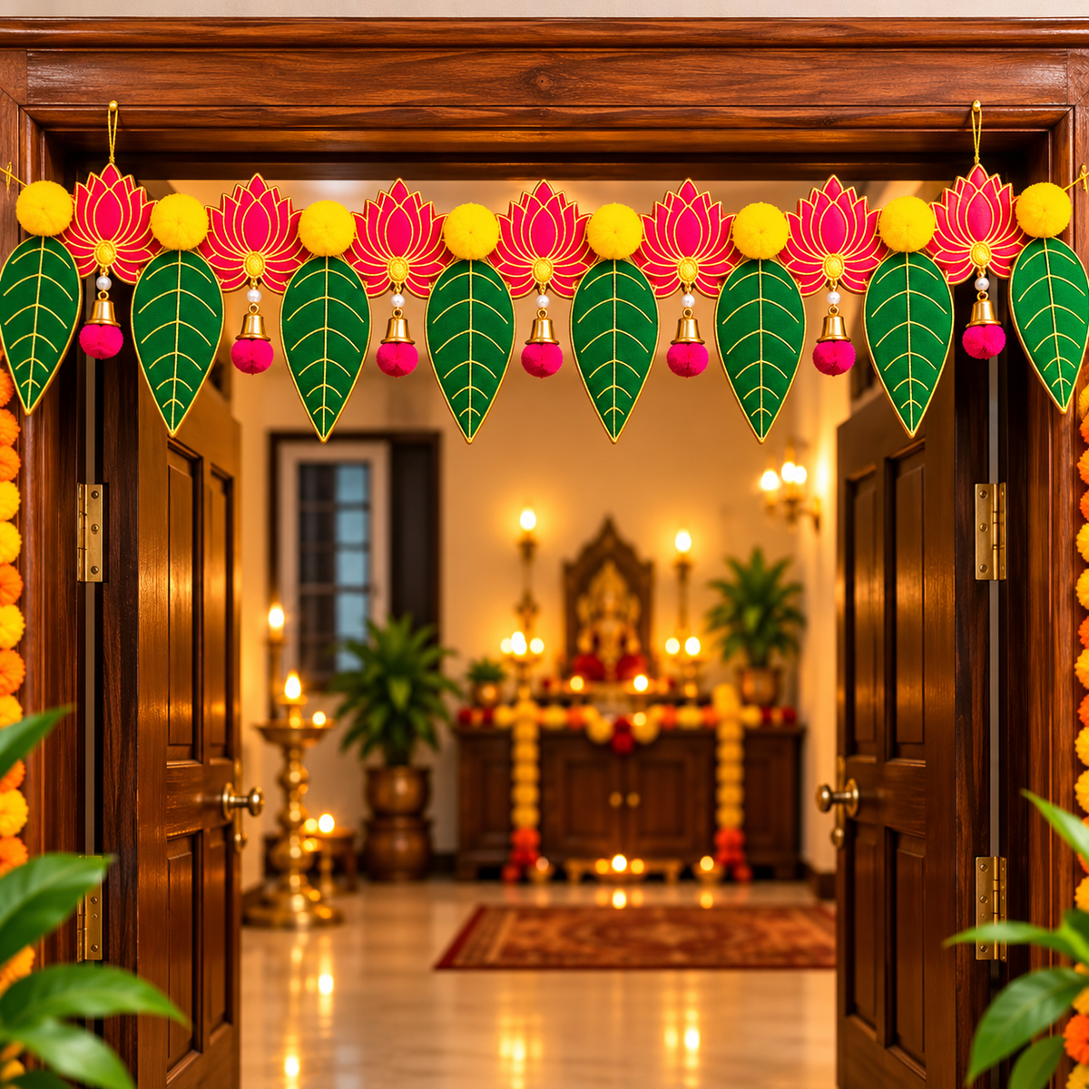 40" Door Hanging Lotus Pan Toran with Marigold Flowers