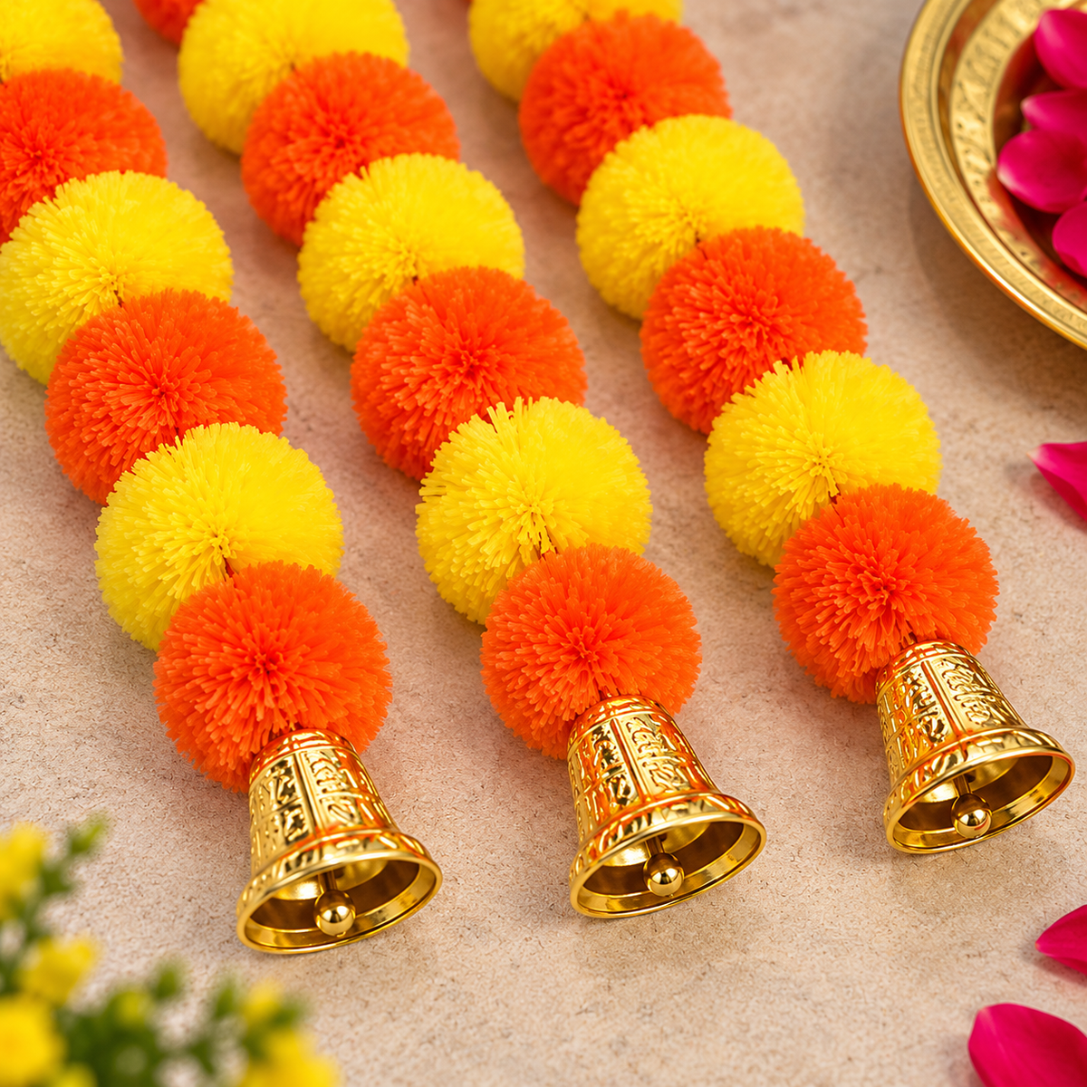 Artificial Marigold Flower Toran with Golden Bells (3.5 Ft)