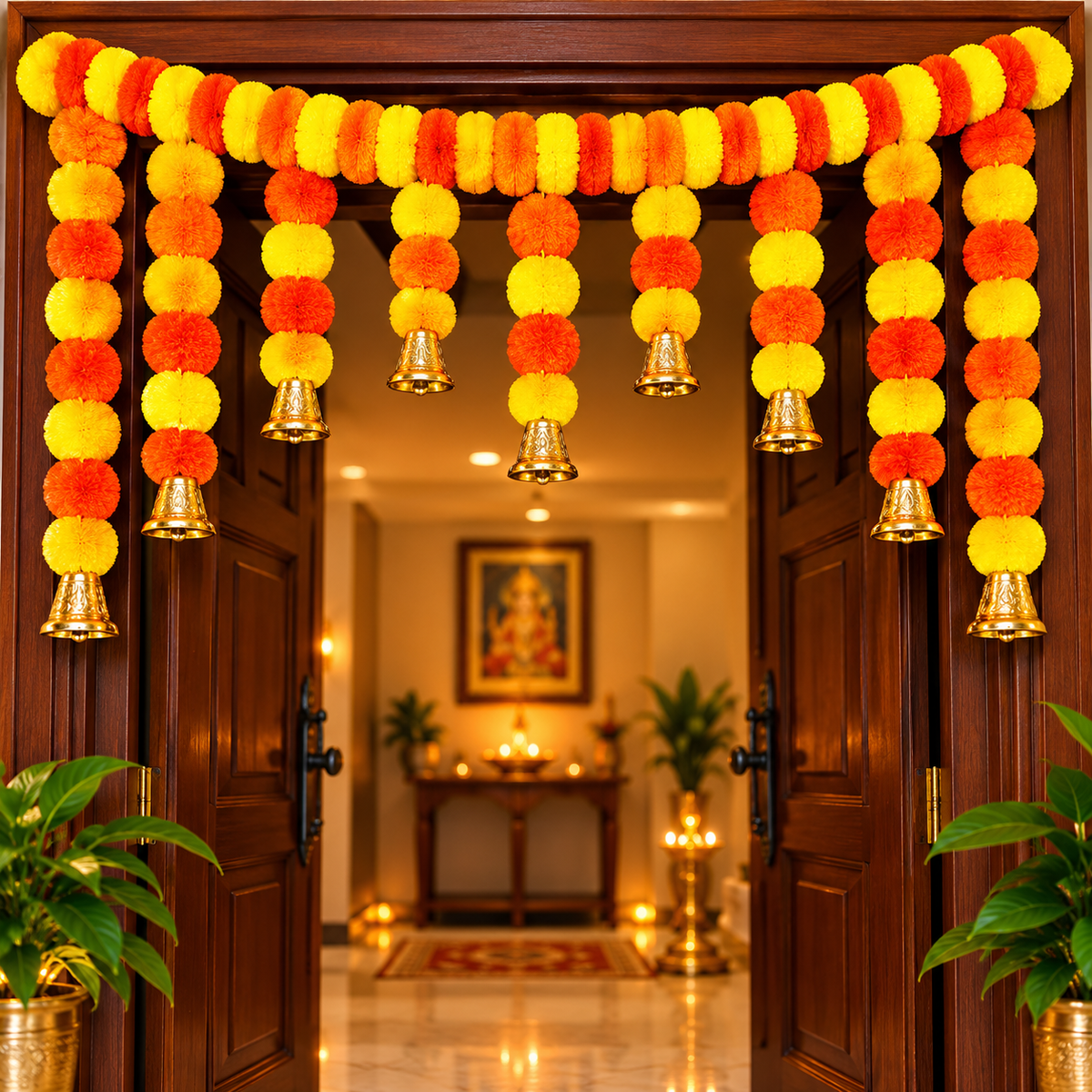 Artificial Marigold Flower Toran with Golden Bells (3.5 Ft)