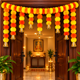 Artificial Marigold Flower Toran with Golden Bells (3.5 Ft)