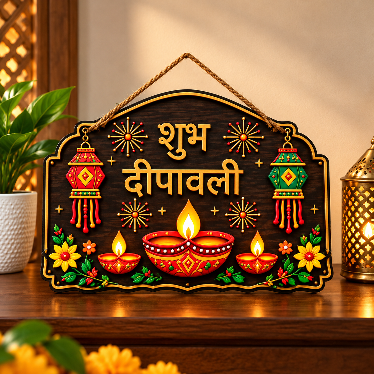 Shubh Diwali Wooden Wall Hanging Decor 30x20cm