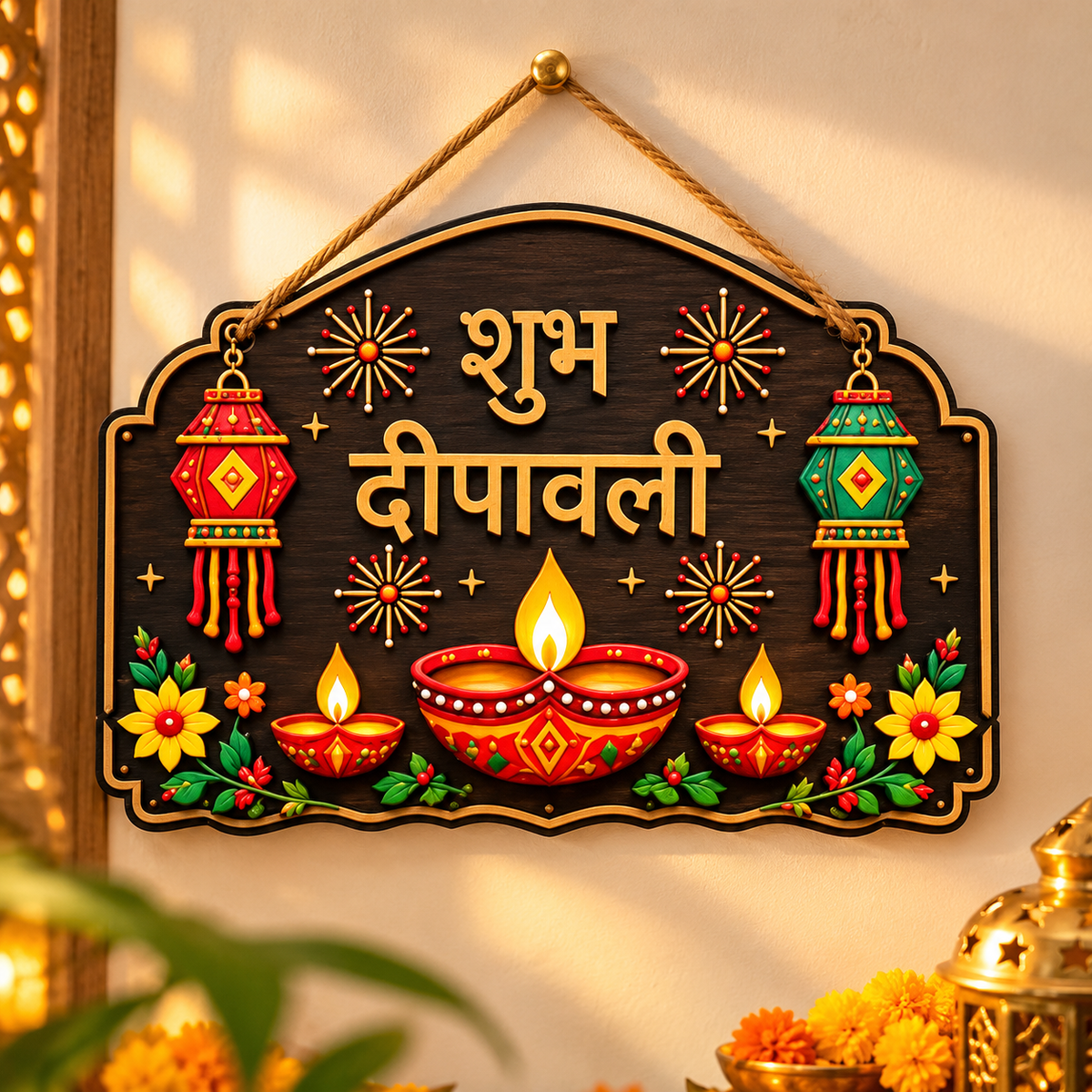 Shubh Diwali Wooden Wall Hanging Decor 30x20cm
