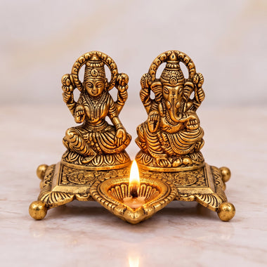 Golden Aluminium Lakshmi-Ganesha Idol with a Diya