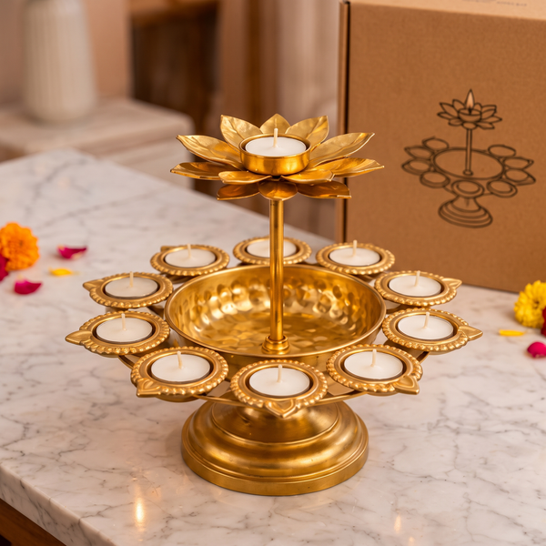 Diwali Urli Bowl Diya Stand with Lotus Candle Holder