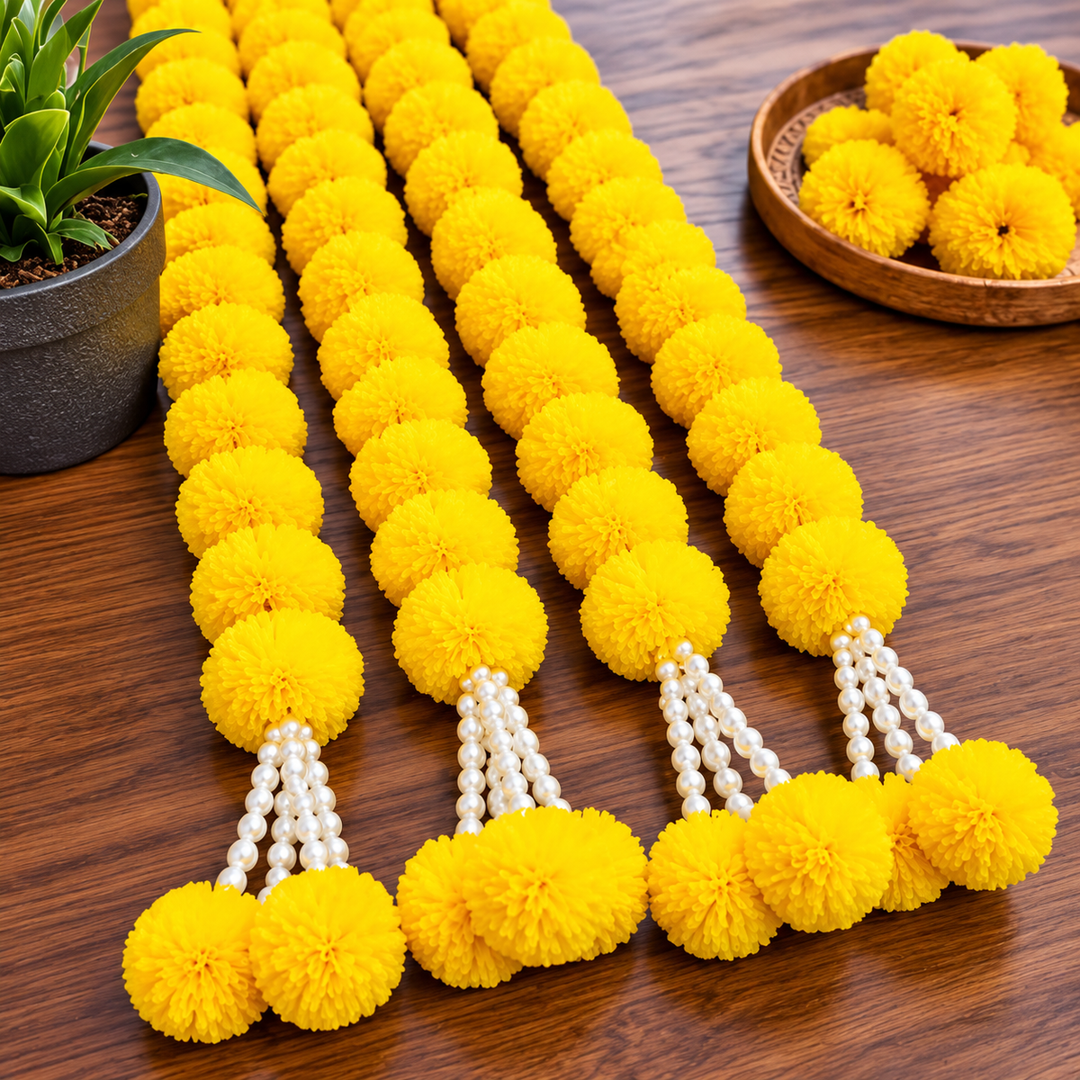5ft Marigold Garlands with Pearl Tassels – Diwali Decor (5 Pack)