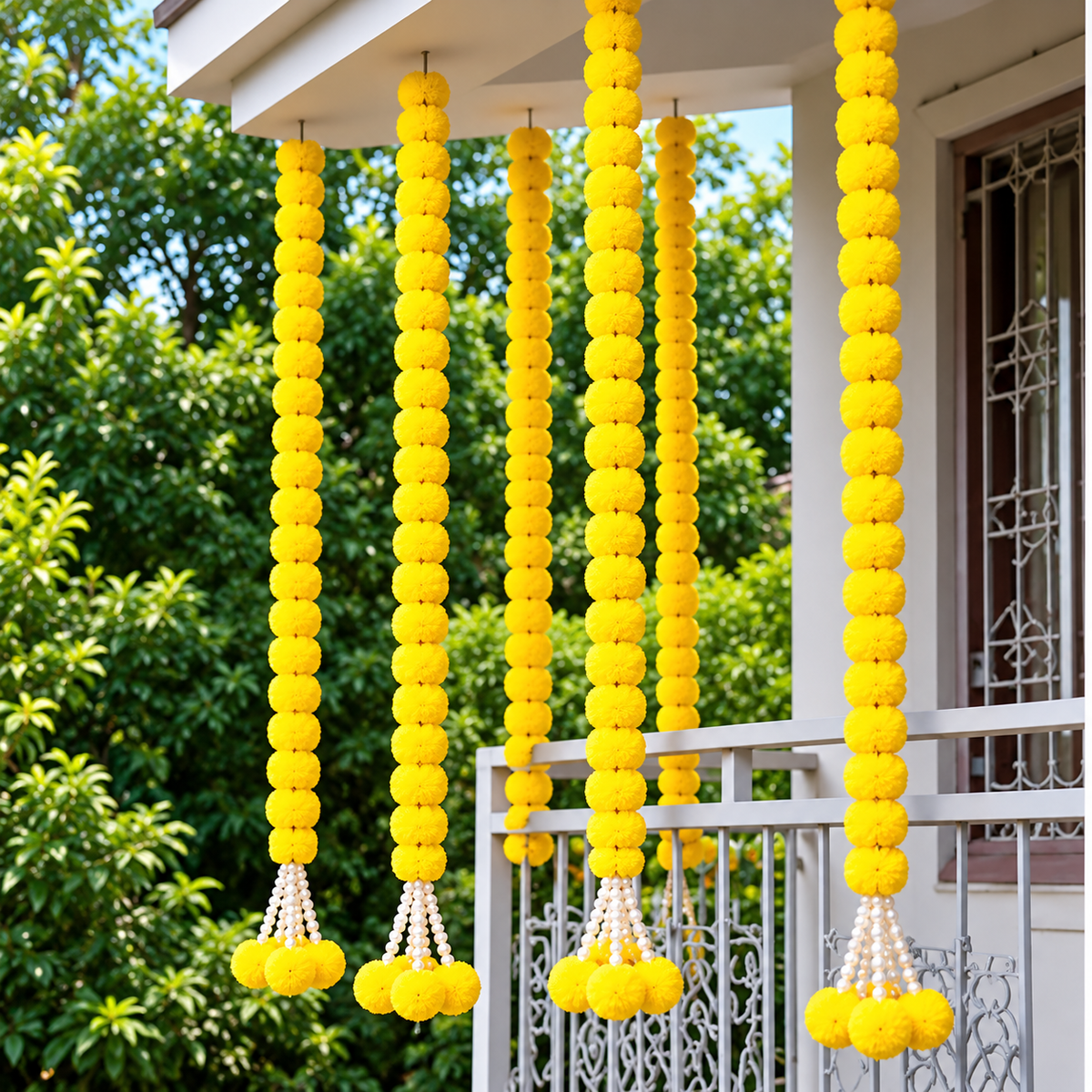 5ft Marigold Garlands with Pearl Tassels – Diwali Decor (5 Pack)
