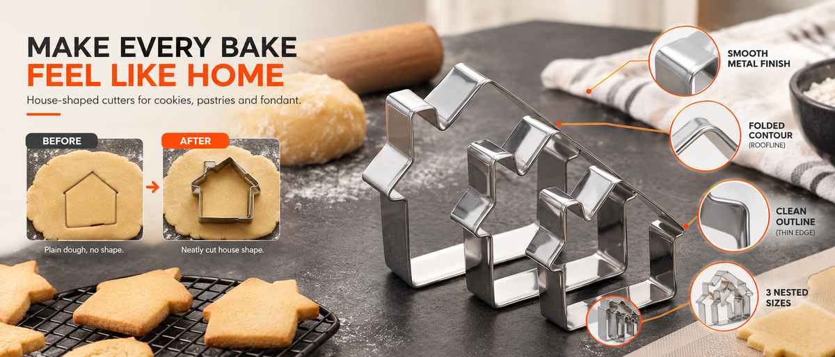 3-Piece Stainless Steel House Cookie Cutter Set for Baking Overview