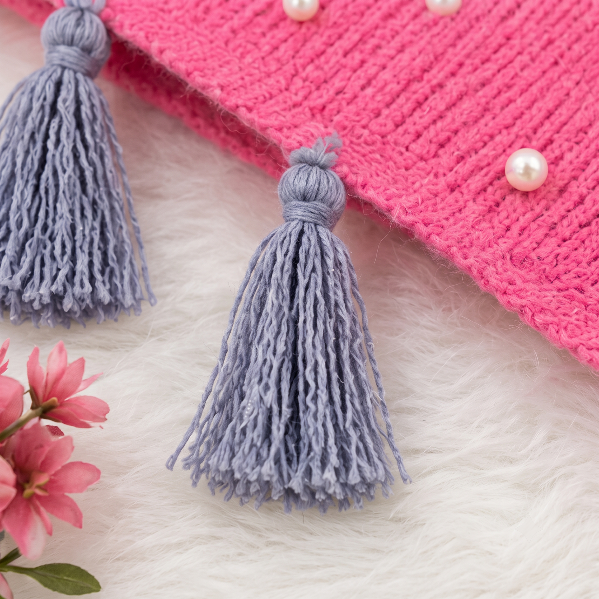 Pink Wool Poncho for Women with Fur Collar & Pearls