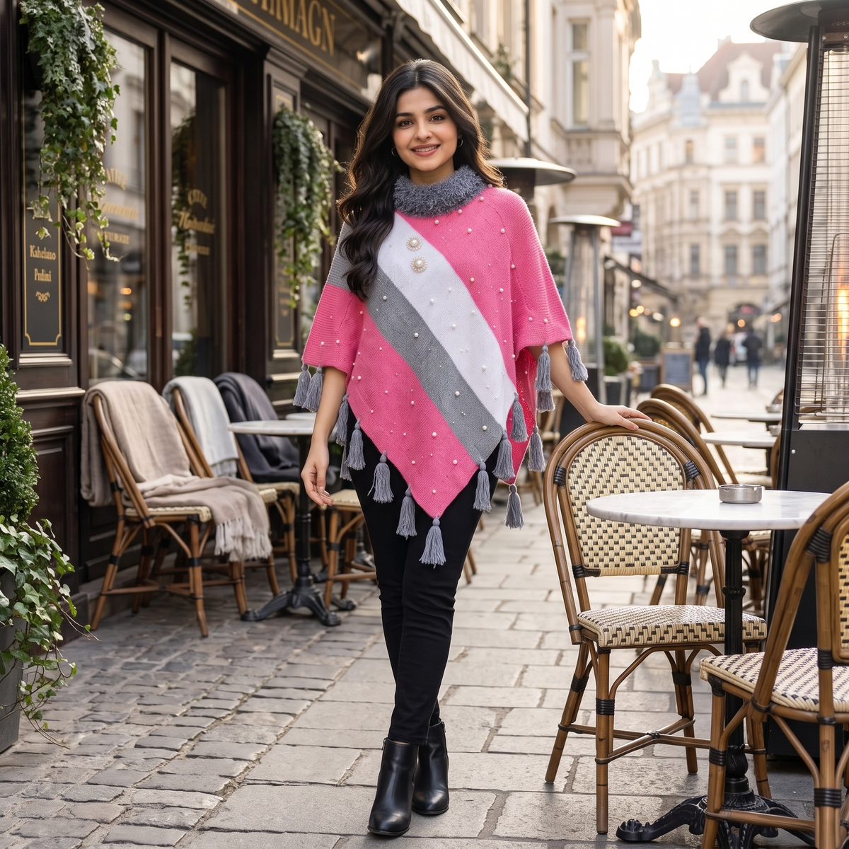 Pink Wool Poncho for Women with Fur Collar & Pearls