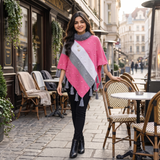 Pink Wool Poncho for Women with Fur Collar & Pearls