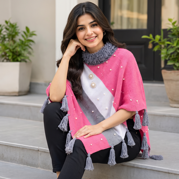 Pink Wool Poncho for Women with Fur Collar & Pearls