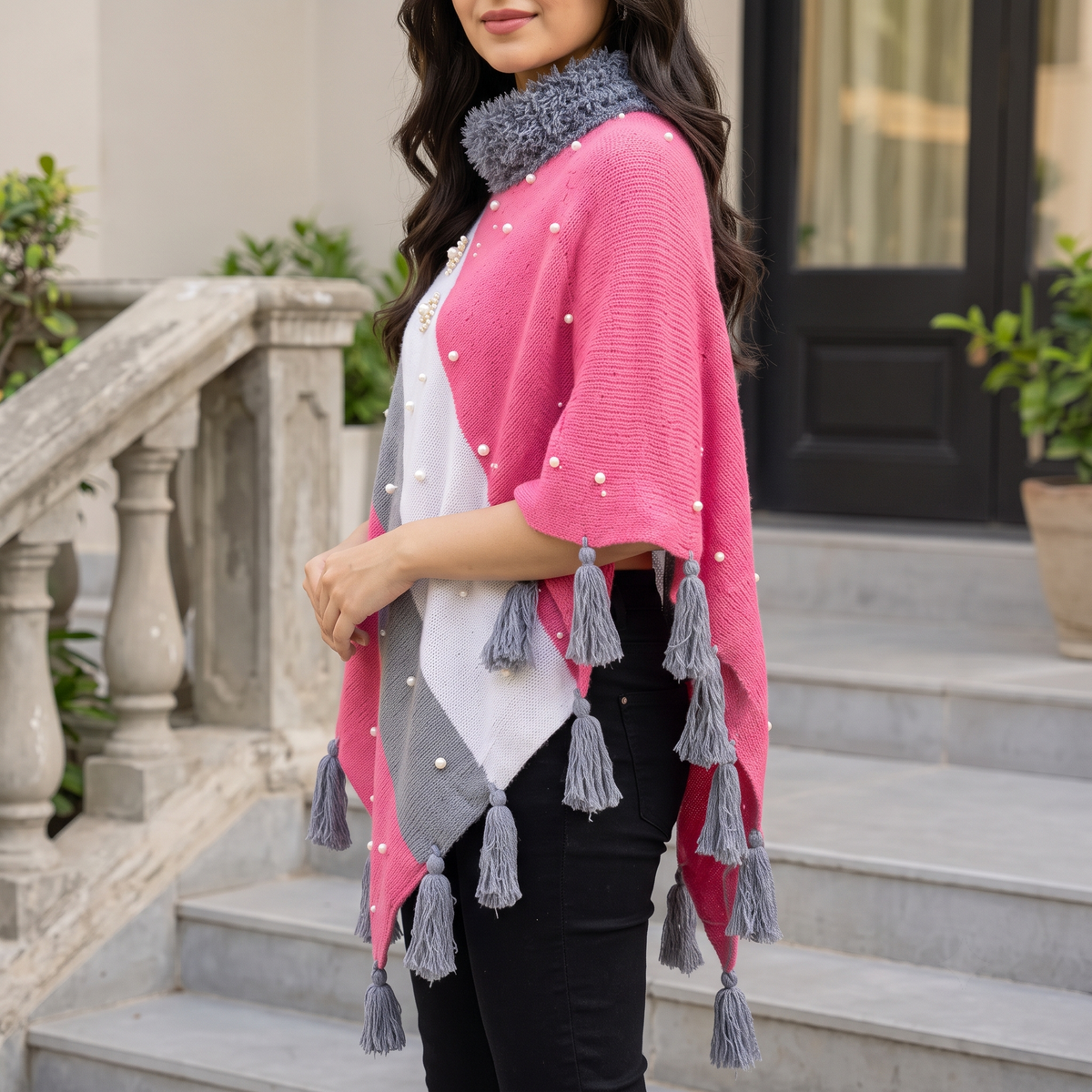 Pink Wool Poncho for Women with Fur Collar & Pearls