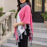 Pink Wool Poncho for Women with Fur Collar & Pearls