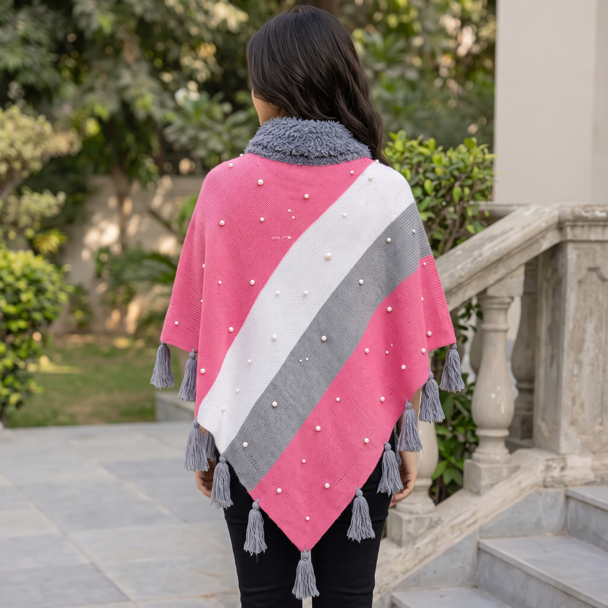 Pink Wool Poncho for Women with Fur Collar & Pearls