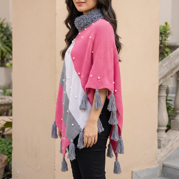 Pink Wool Poncho for Women with Fur Collar & Pearls
