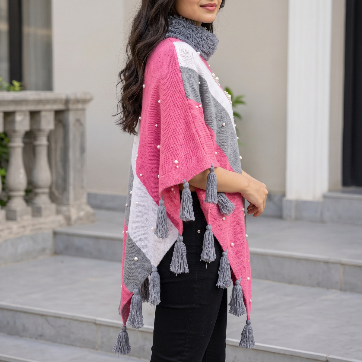 Pink Wool Poncho for Women with Fur Collar & Pearls