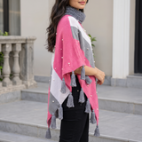 Pink Wool Poncho for Women with Fur Collar & Pearls