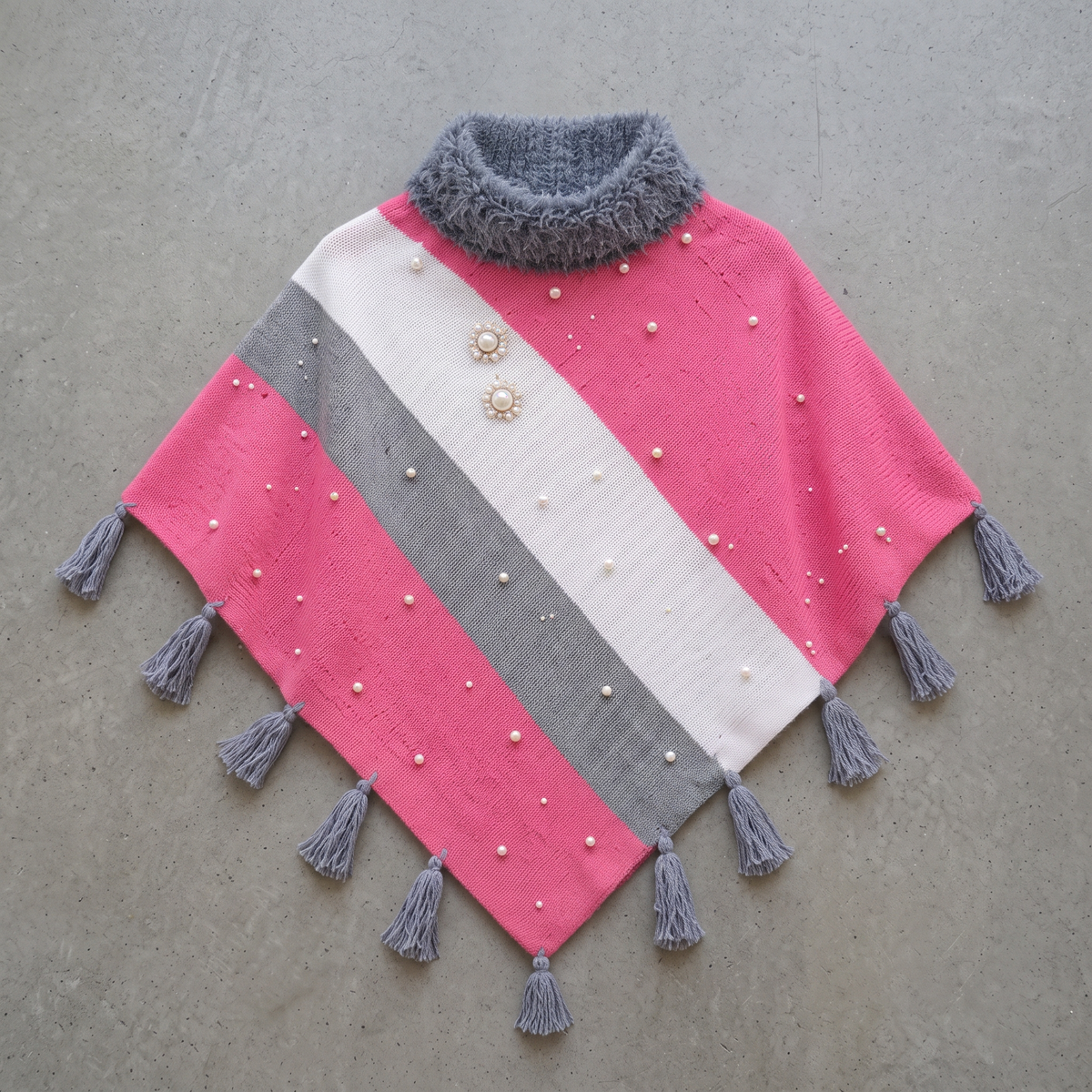 Pink Wool Poncho for Women with Fur Collar & Pearls