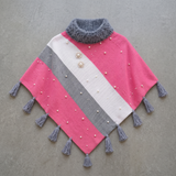 Pink Wool Poncho for Women with Fur Collar & Pearls