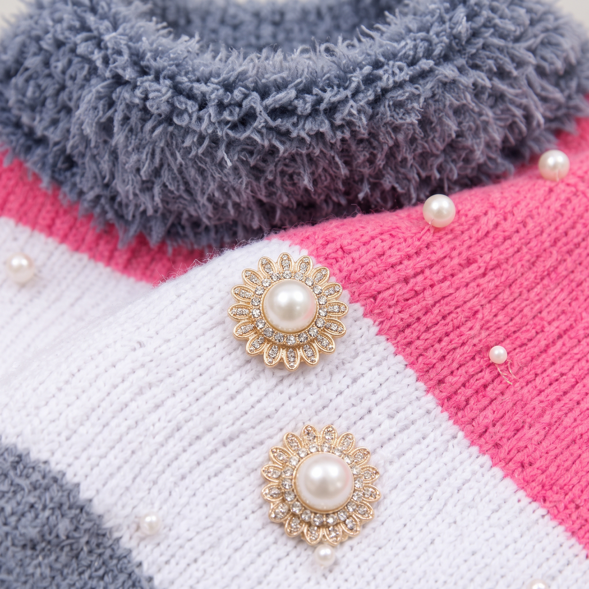 Pink Wool Poncho for Women with Fur Collar & Pearls