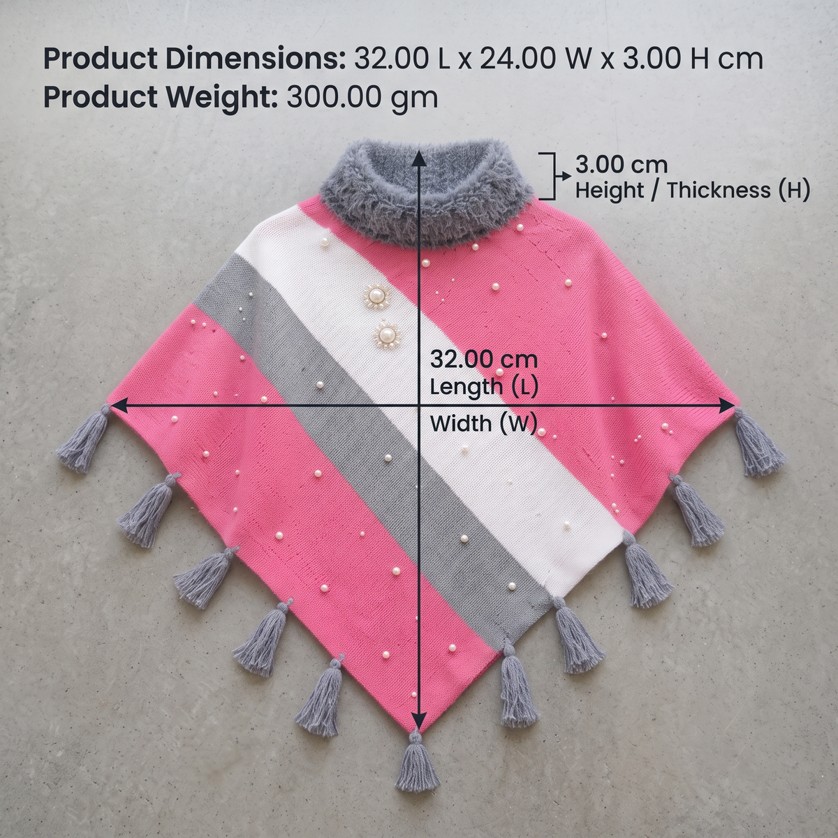 Pink Wool Poncho for Women with Fur Collar & Pearls