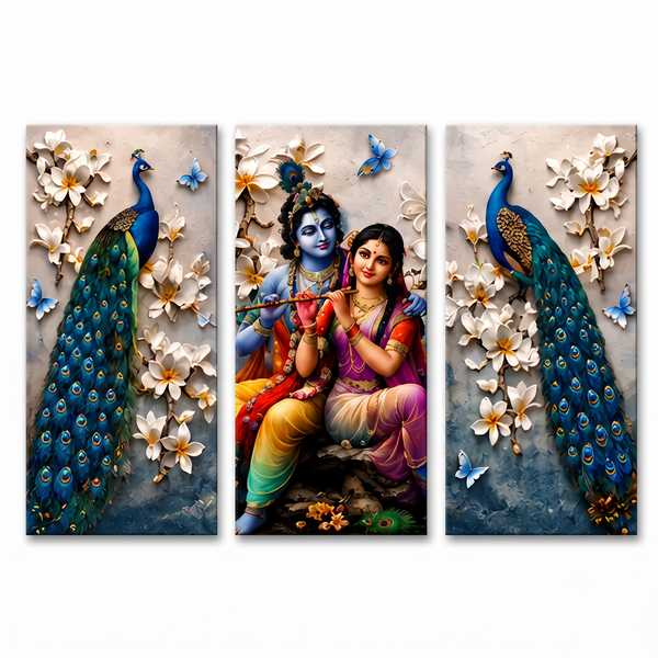 Radha Krishna Peacock 3-Panel Canvas Wall Painting