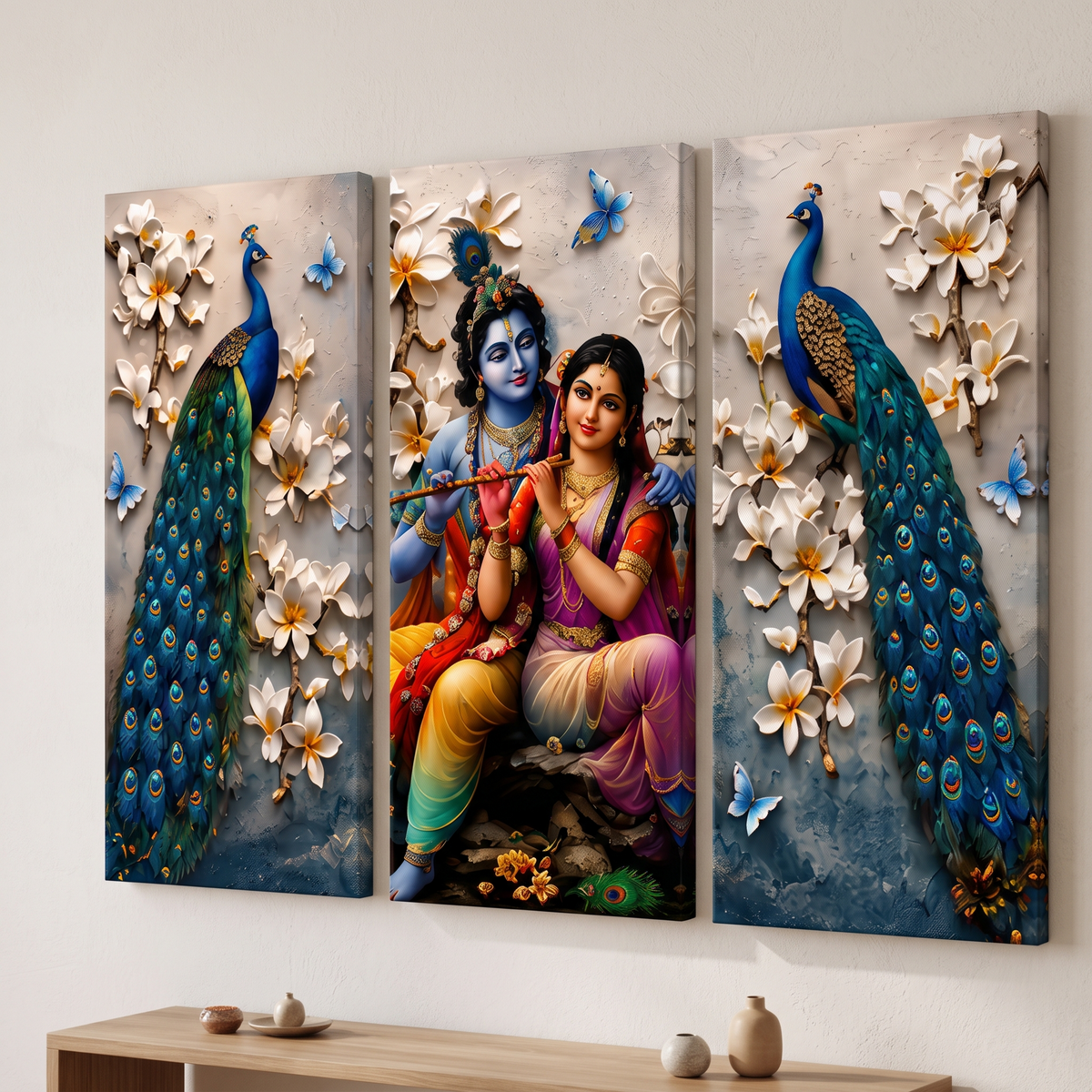 Radha Krishna Peacock 3-Panel Canvas Wall Painting