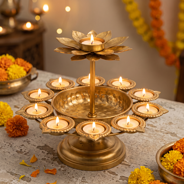 Diwali Urli Bowl Diya Stand with Lotus Candle Holder