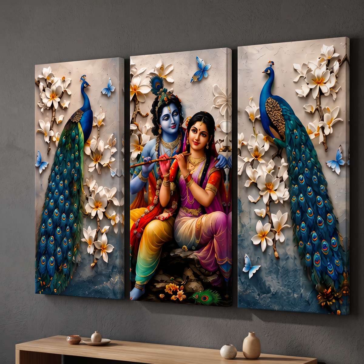 Radha Krishna Peacock 3-Panel Canvas Wall Painting