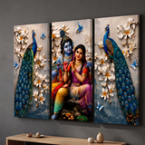 Radha Krishna Peacock 3-Panel Canvas Wall Painting