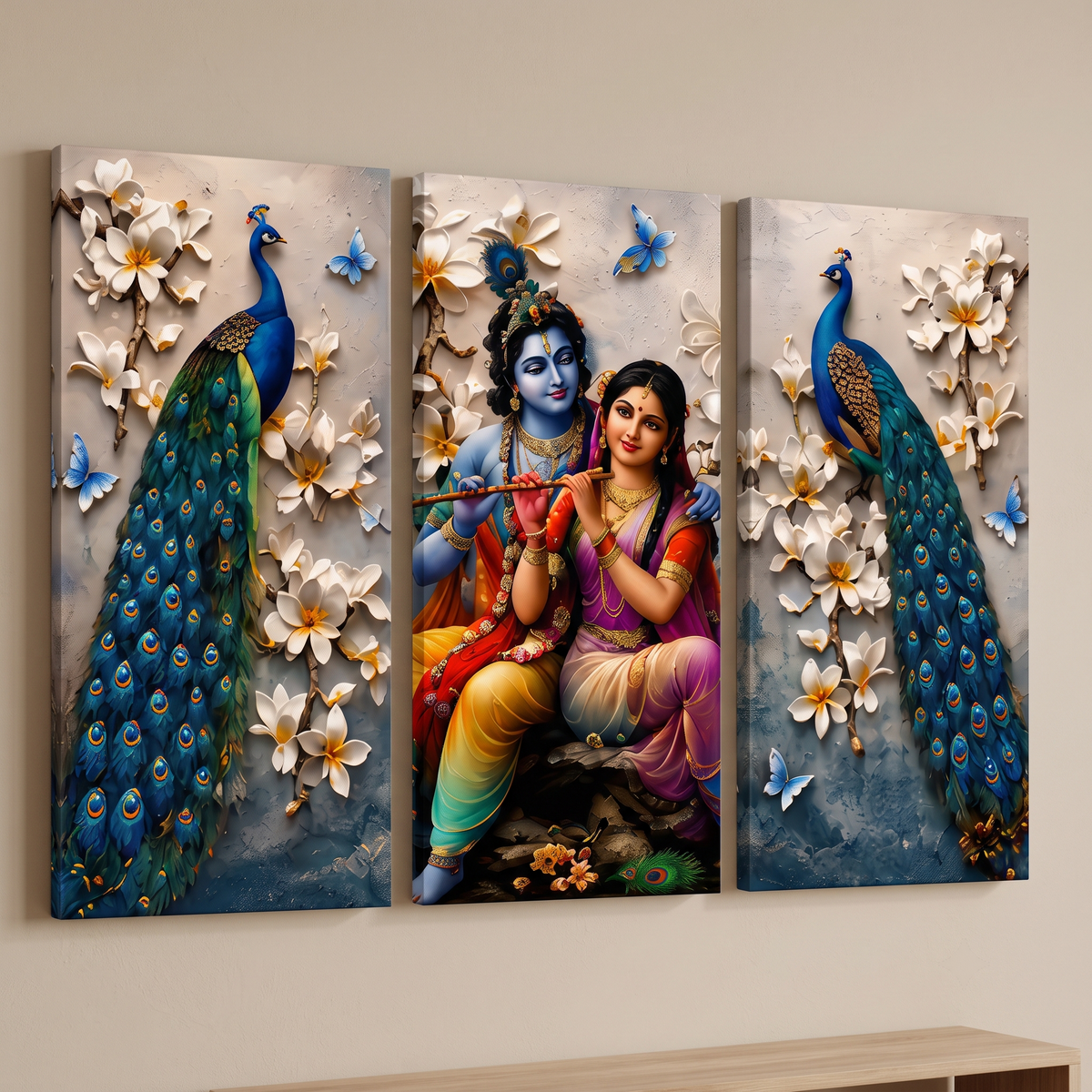 Radha Krishna Peacock 3-Panel Canvas Wall Painting