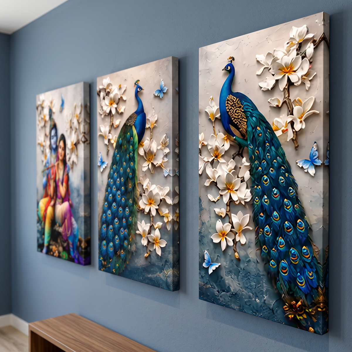 Radha Krishna Peacock 3-Panel Canvas Wall Painting