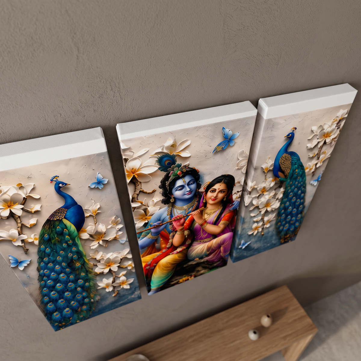 Radha Krishna Peacock 3-Panel Canvas Wall Painting