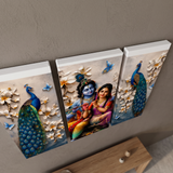 Radha Krishna Peacock 3-Panel Canvas Wall Painting