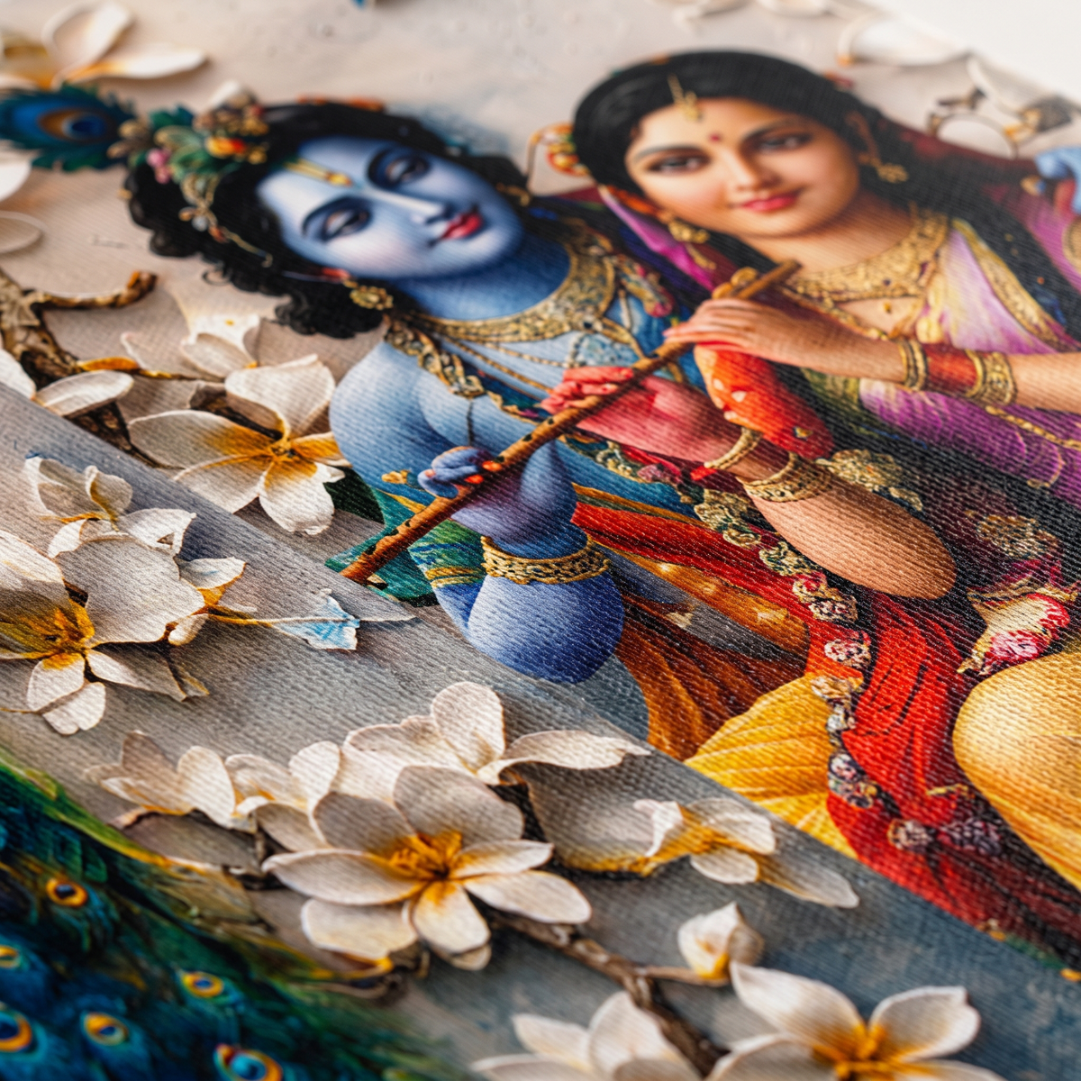 Radha Krishna Peacock 3-Panel Canvas Wall Painting